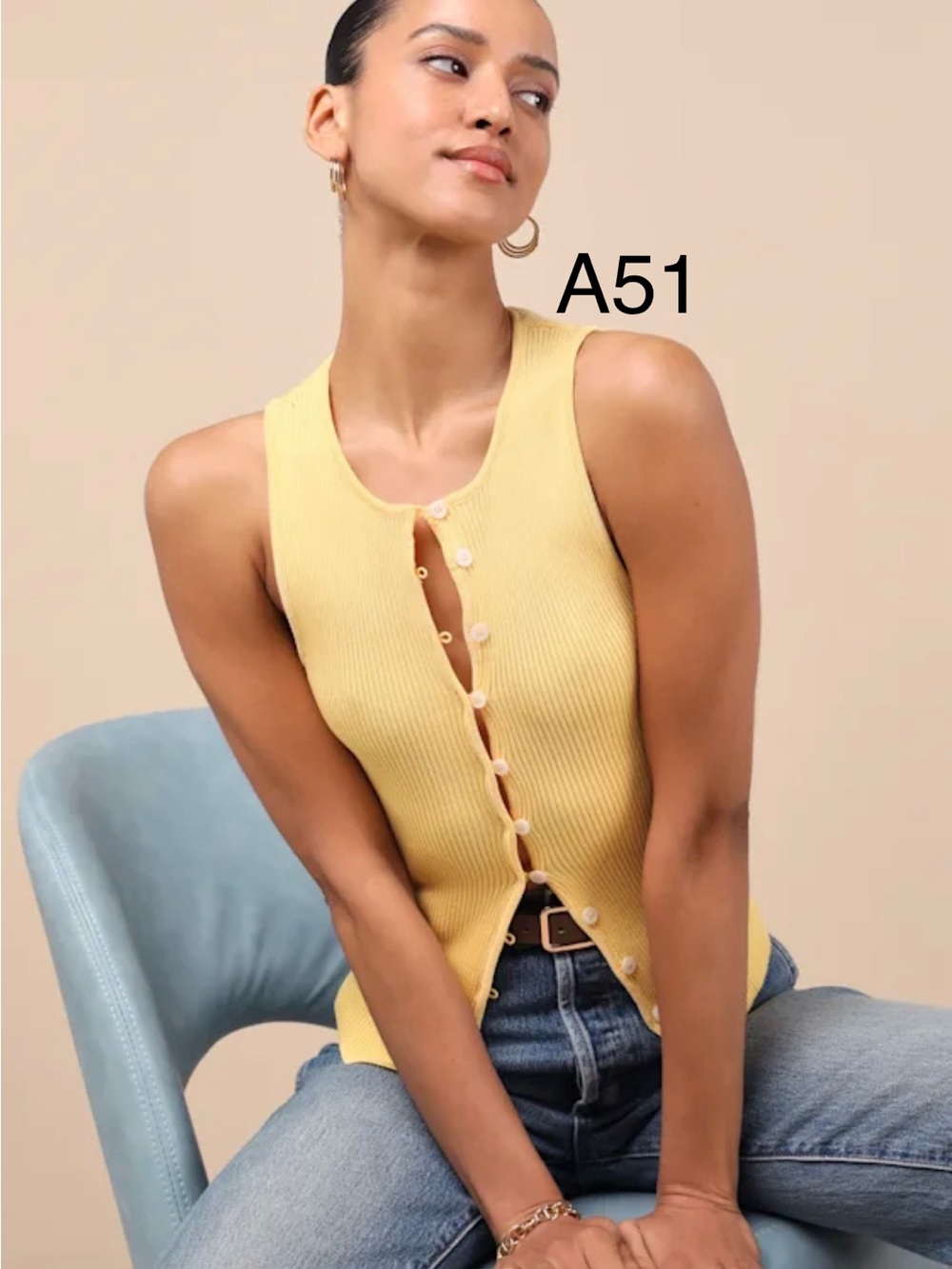 Lulu's Sunlit Ribbed Button Tank - Pale Yellow